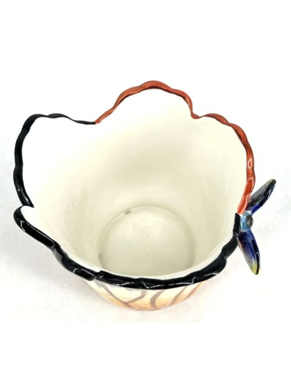 Butterfly Wings Vase Porcelain Majolica Orange Brown Blue Applied Butterfly 5.5